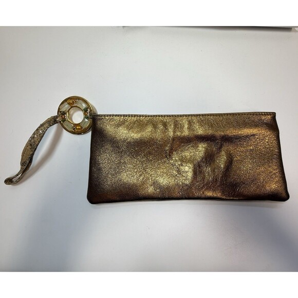 Rachel Abroms Matallic Gold Snakeskin Leather Beaded Handle Wristlet Bag - Picture 1 of 9